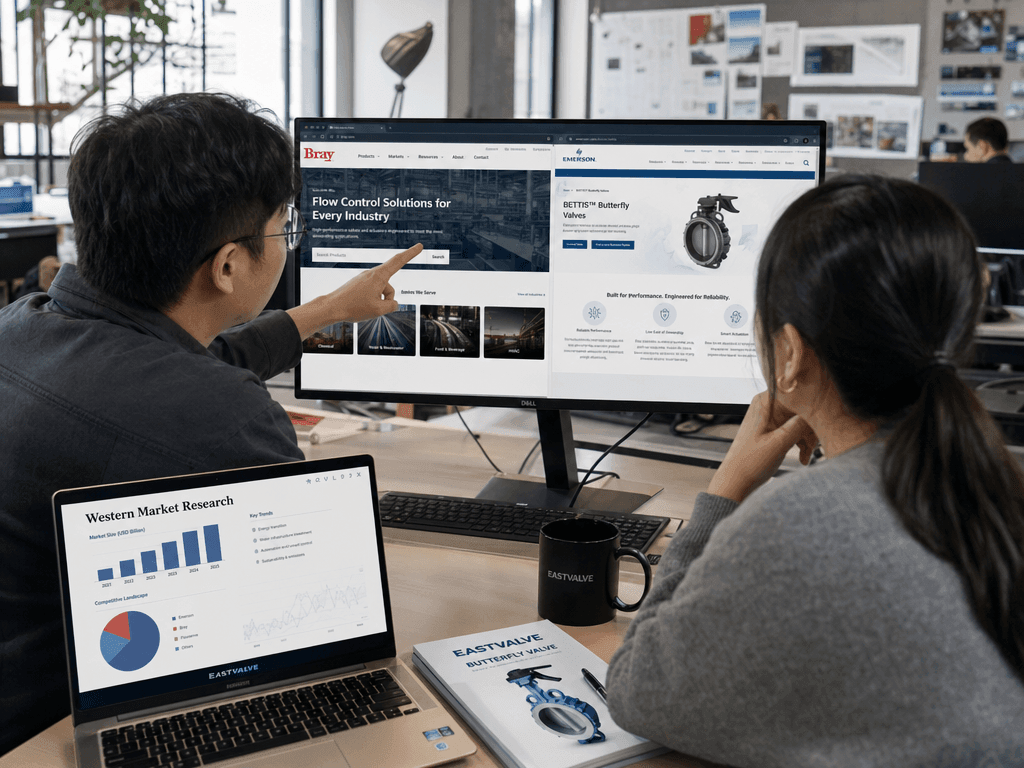 AI-generated editorial photo: two Chinese EastValve colleagues comparing two Western competitor websites on a large monitor