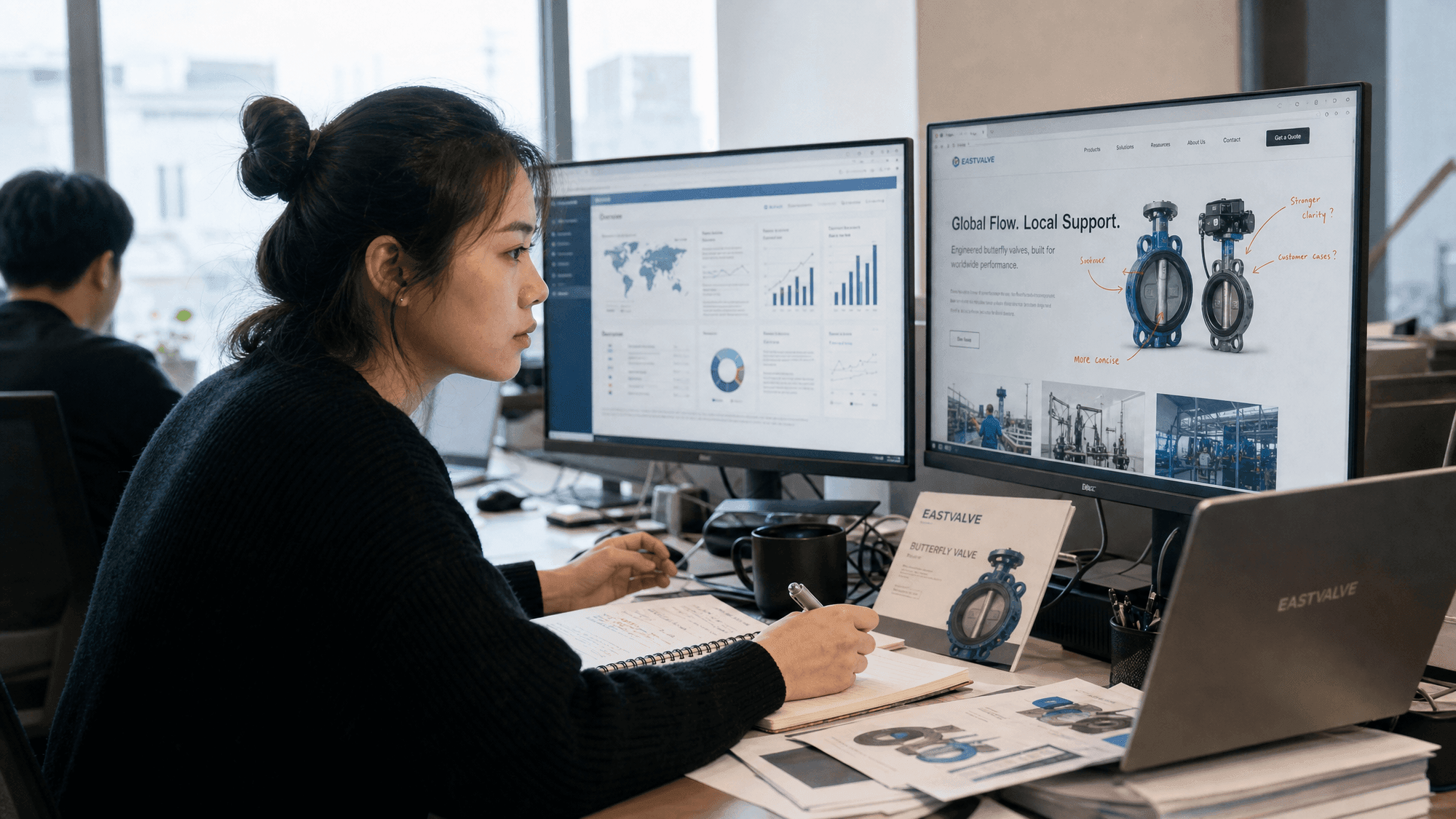 AI-generated editorial photo: a Chinese EastValve marketing professional at a two-screen workstation, one screen a research dashboard, the other an English draft web page for the overseas market, marking up the work