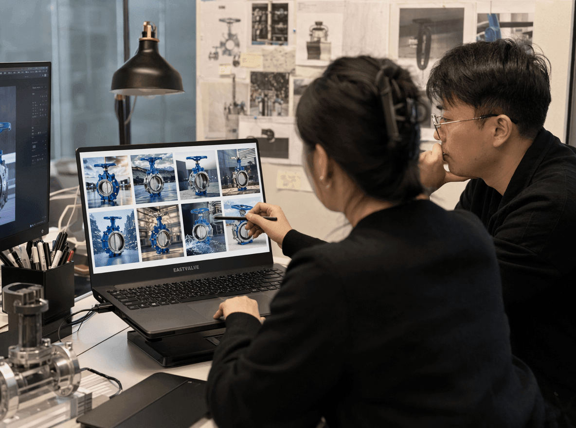 AI-generated editorial photo: a Chinese EastValve designer reviewing a grid of AI-generated valve product images on screen, picking the strongest frame