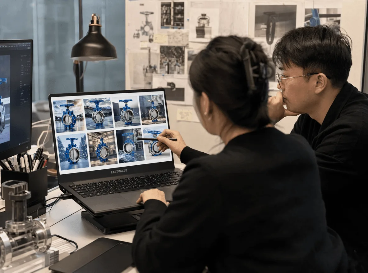 AI 生成的纪实照片：一位中国出口企业的设计师在屏幕上审阅一组 AI 生成的产品图，挑选最佳画面