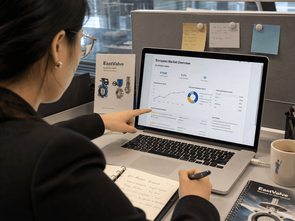 AI-generated editorial photo: a Chinese EastValve analyst reading a screen of Western-market data and buyer reviews, taking notes by hand