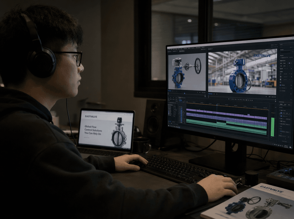 AI-generated editorial photo: a Chinese EastValve video editor scrubbing a short overseas-campaign product video timeline on a monitor, headphones on