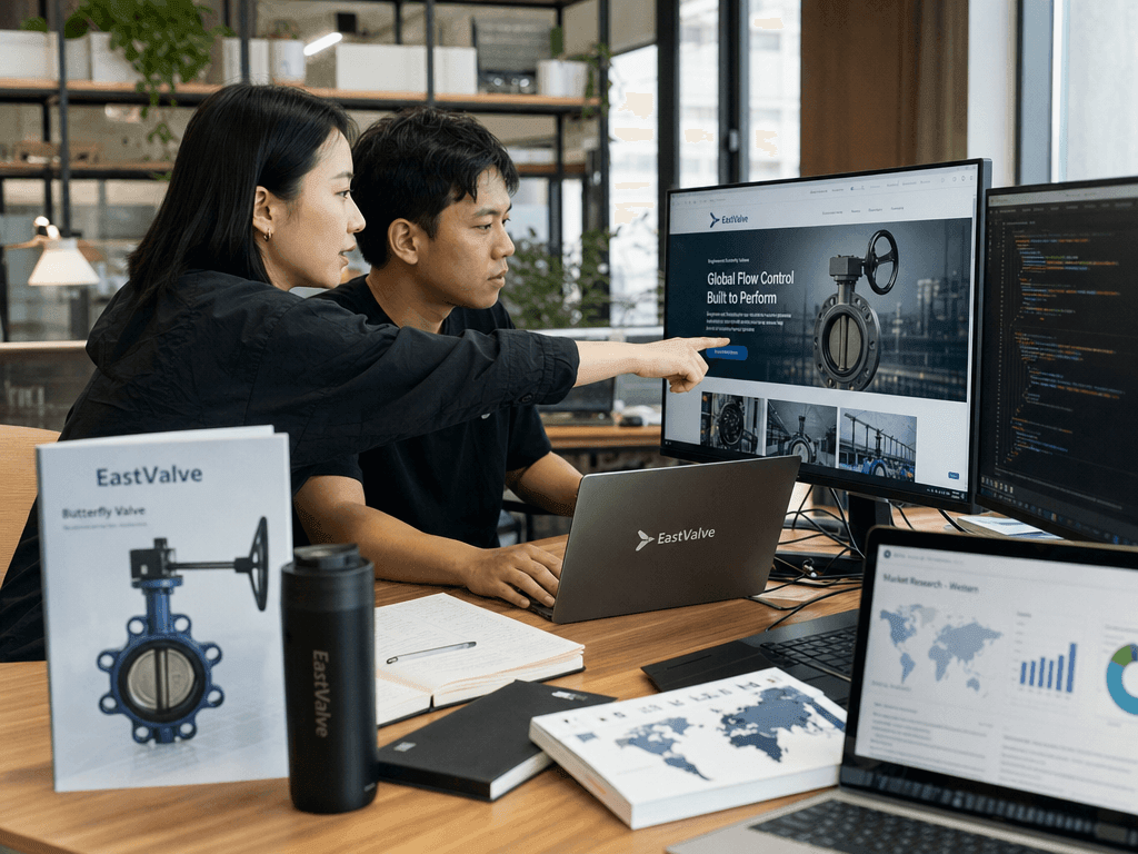 AI-generated editorial photo: a Chinese EastValve designer and developer reviewing an English-language web layout for the overseas market