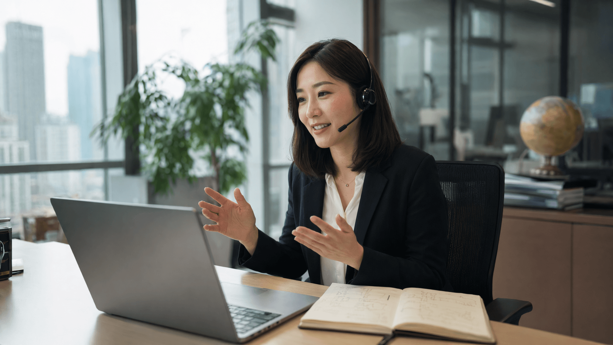 Editorial photo: a Chinese account manager at a desk in a Shenzhen office, mid-conversation on a friendly video call with a client, headset on, natural light