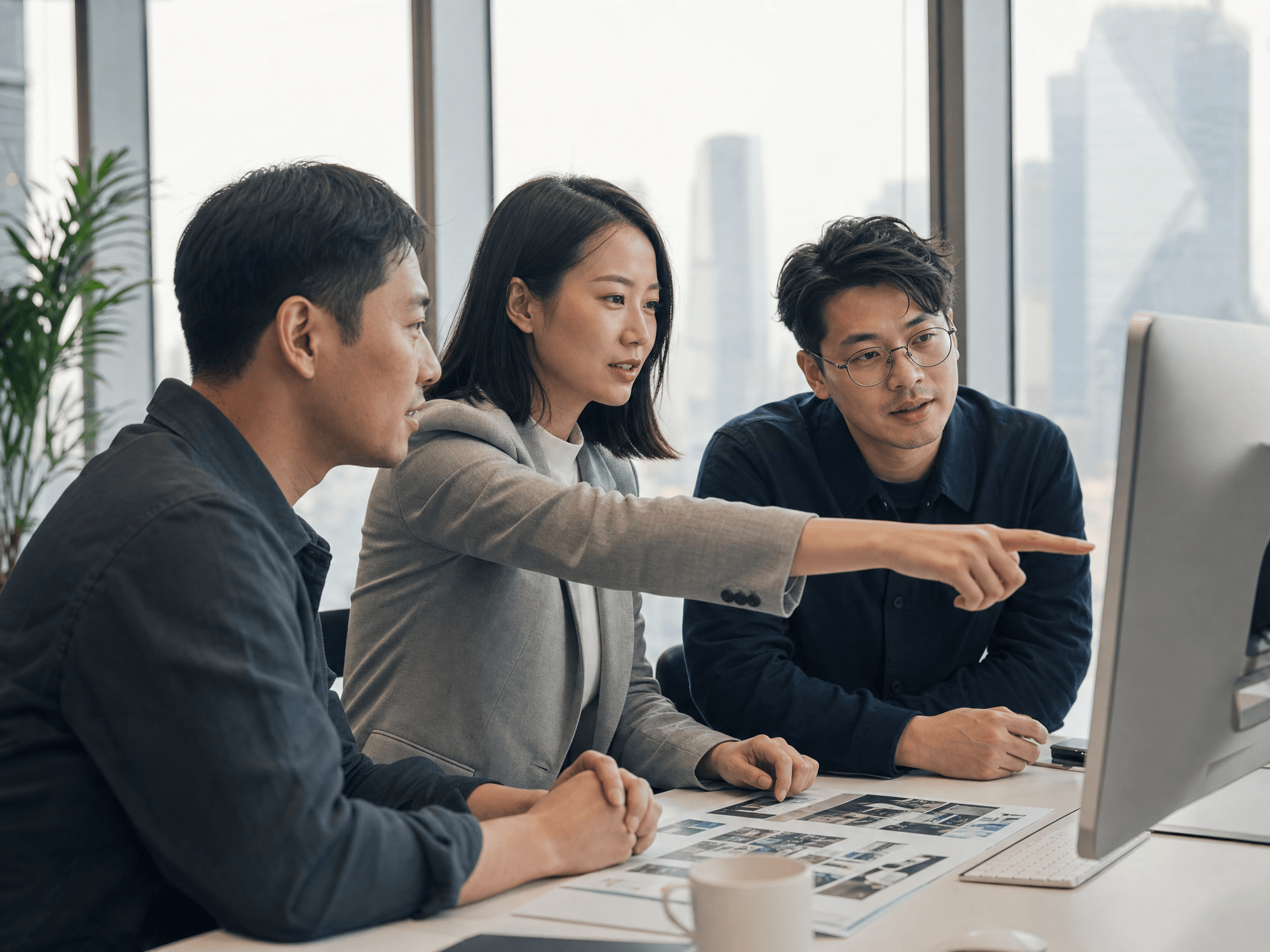 Editorial photo: two Chinese colleagues reviewing a Western marketing layout on a monitor with a client, collaborative, mid-discussion