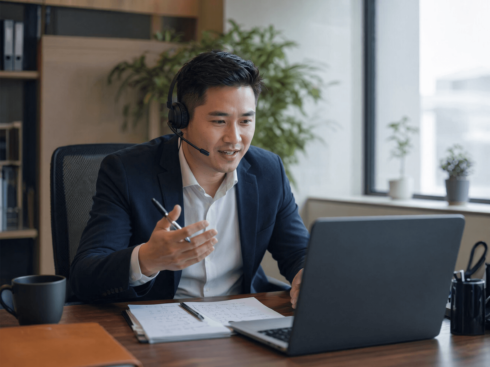 Editorial photo: a Chinese account manager in an office in China on a video call, mid-conversation with a client, headset on, natural light
