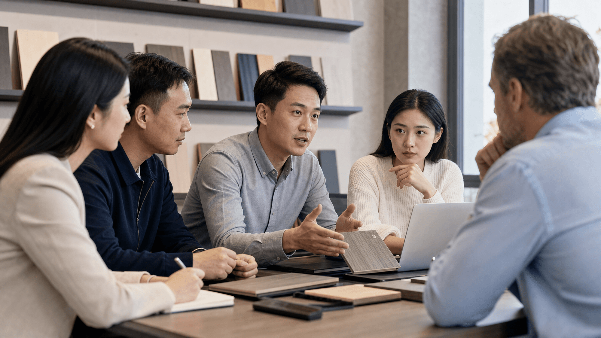 A Chinese export company team in conversation with a Western buyer across a meeting table, product samples between them, natural light