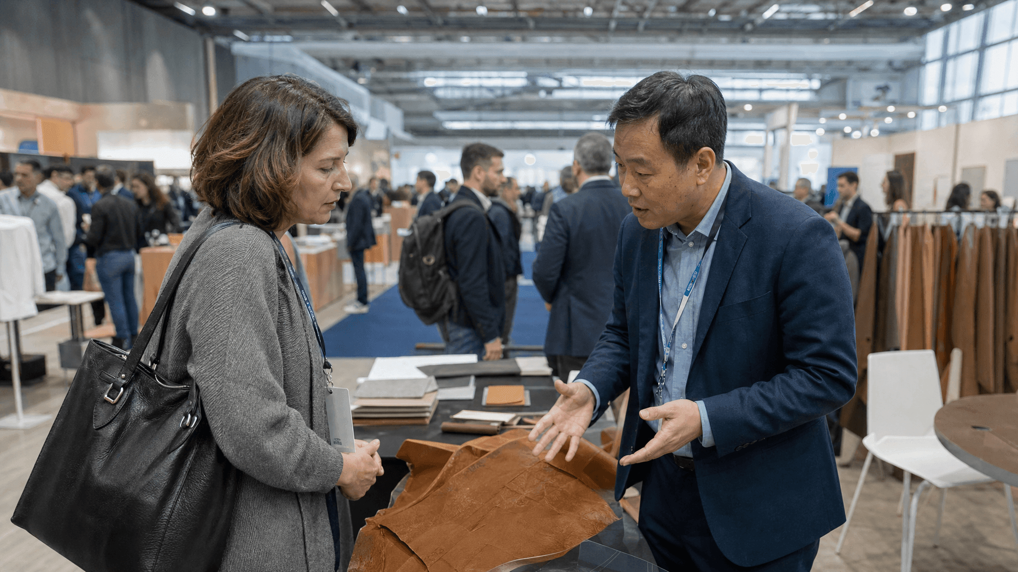 Two people in genuine conversation over a product sample on the floor of a Western trade show
