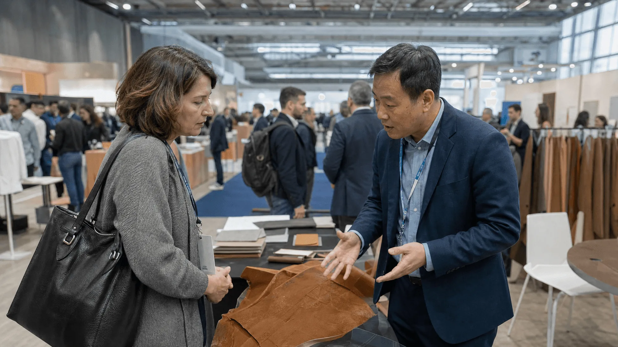 西方展会现场，两个人围着一件产品样品认真交谈
