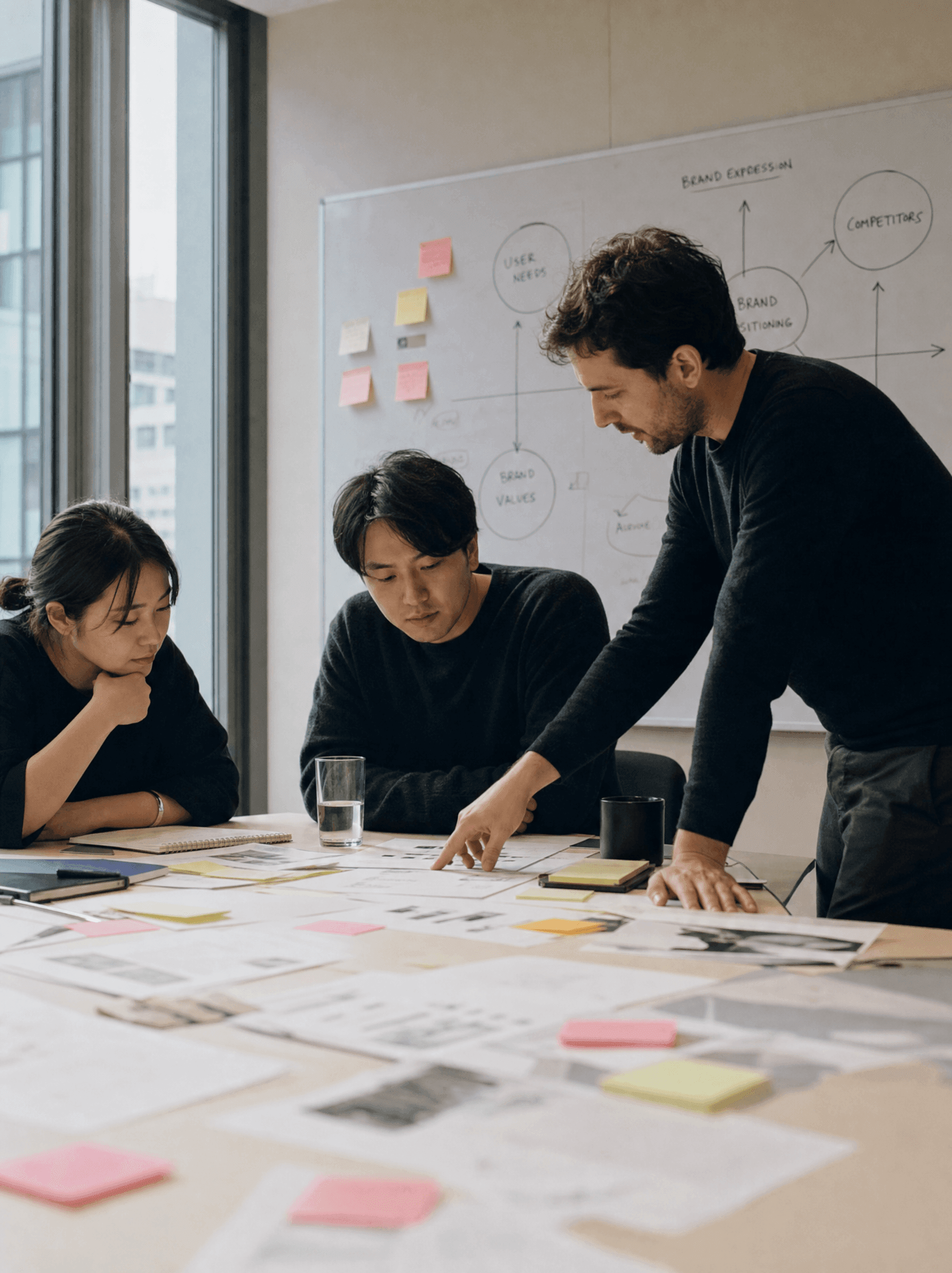 A team working through brand positioning notes for a Chinese exporter entering Western markets