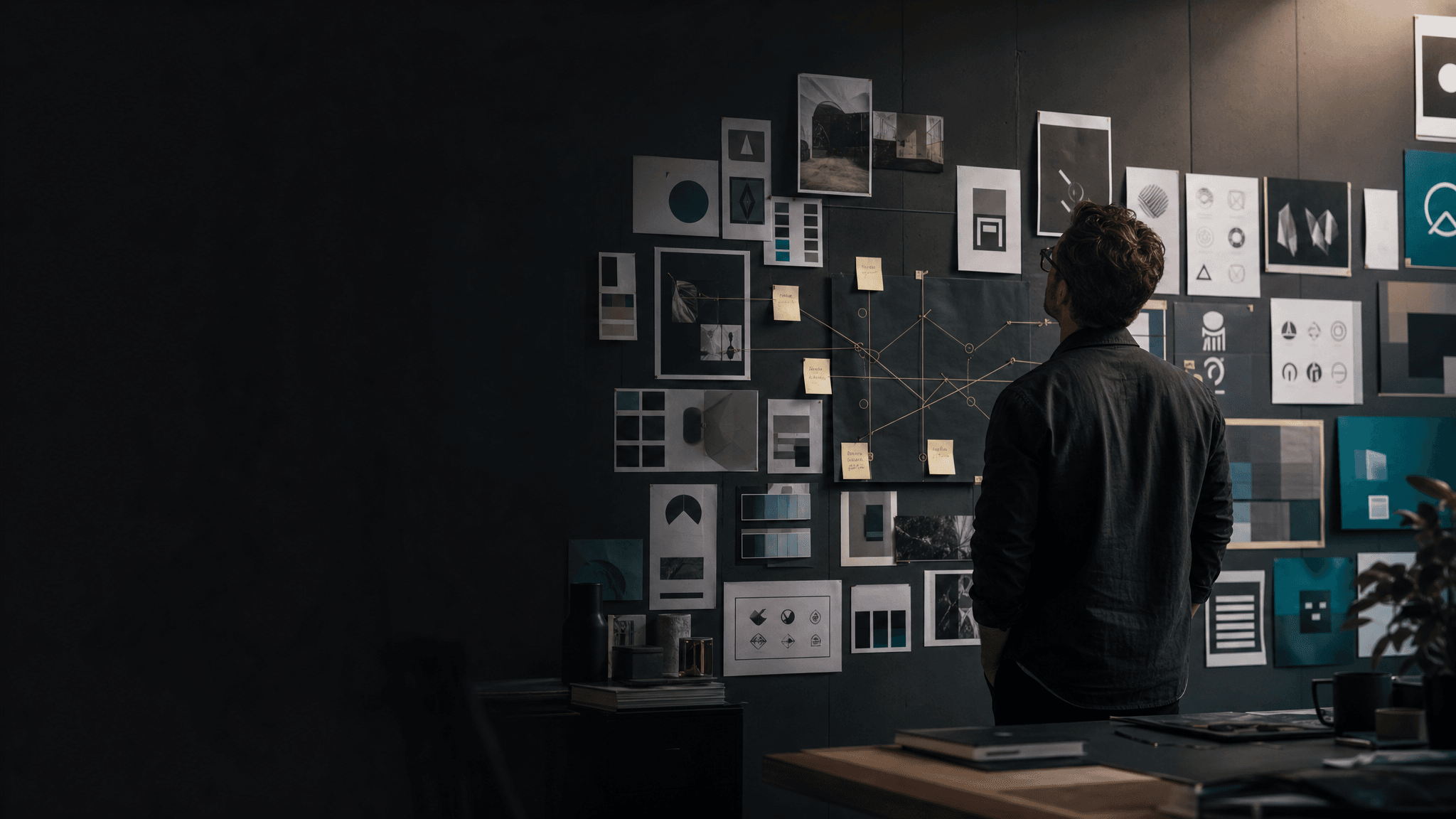 A brand studio wall of moodboards, logo explorations, and type specimens for a Chinese company going overseas
