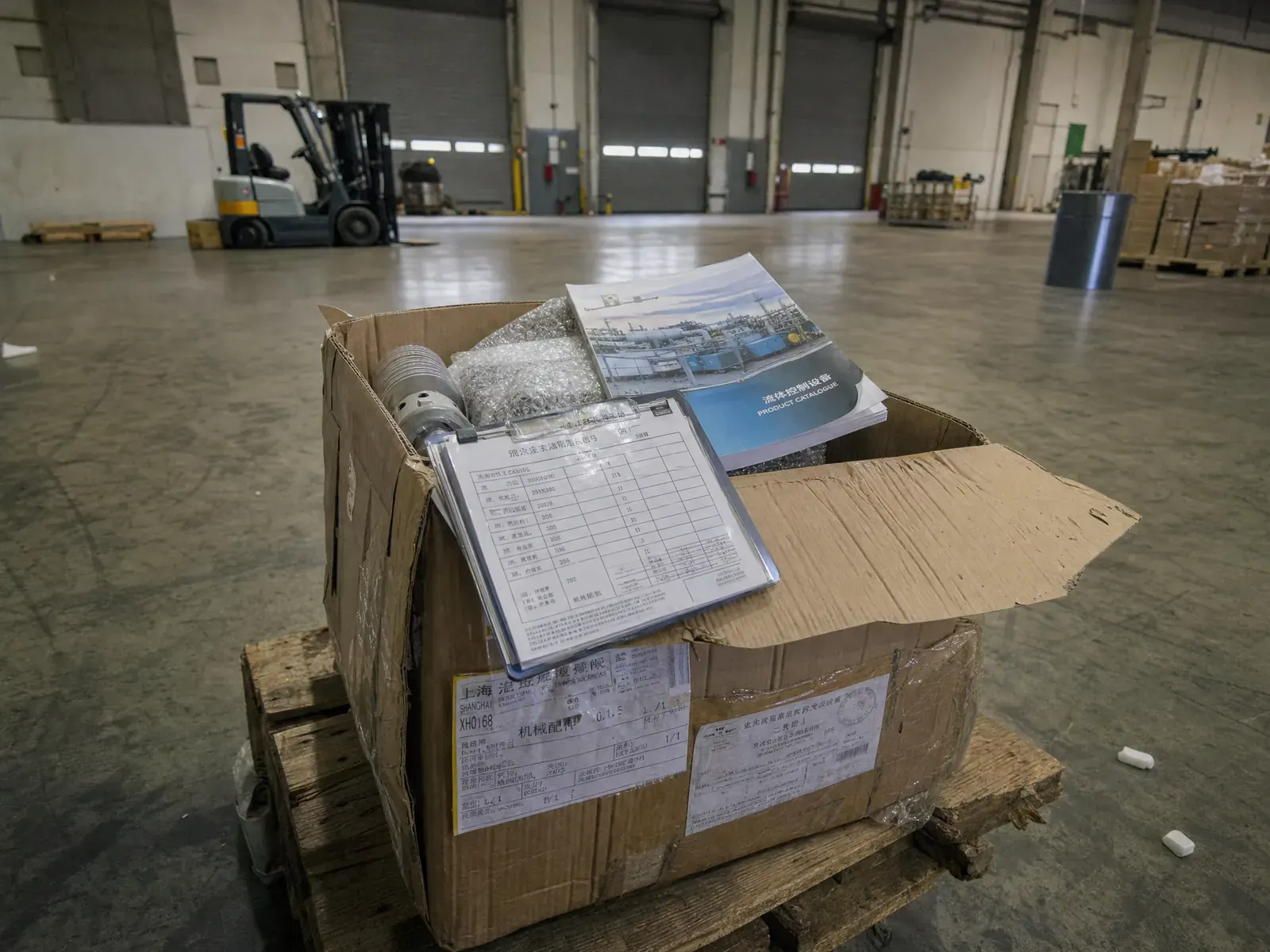 A Chinese exporter’s carton cut open on a pallet in an empty overseas warehouse, catalogs and samples spilling out with nobody attending to it.