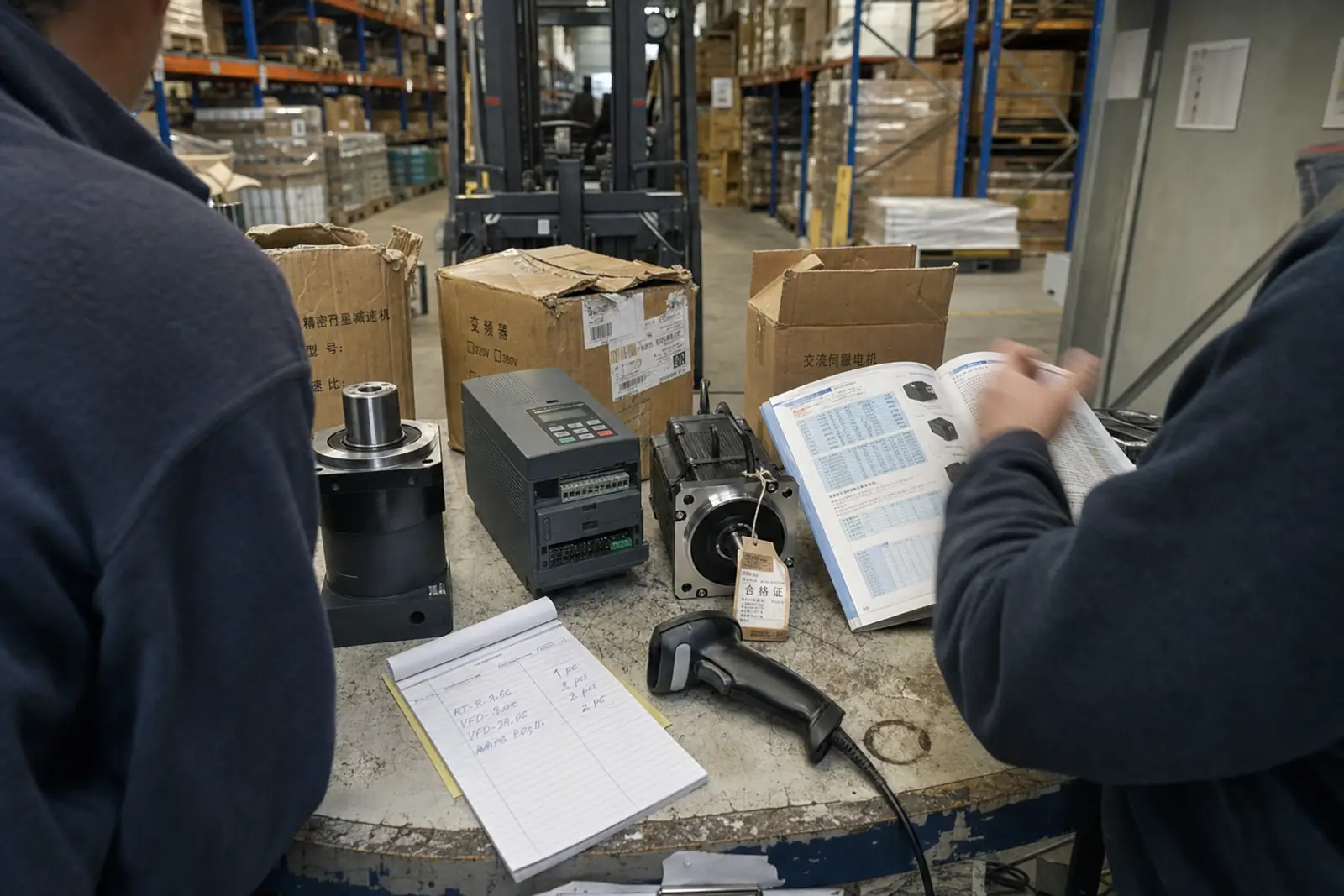 A distributor’s trade counter in Europe, Chinese-labelled cartons opened behind three industrial products, an order pad filled in by hand and a specification catalogue open between two people.