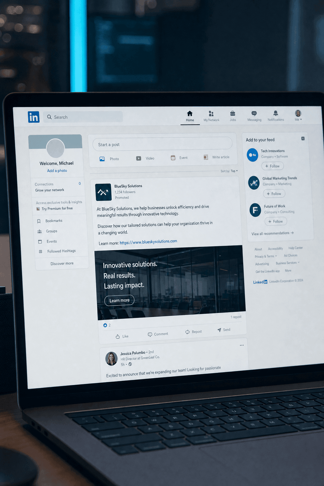 A bland boosted company post in the LinkedIn feed with a Promoted label and almost no engagement