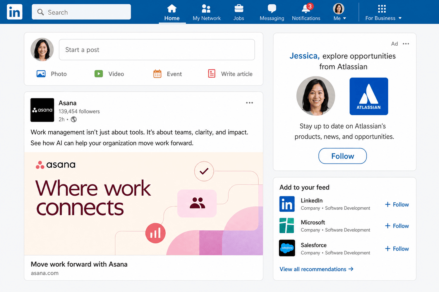 A LinkedIn right-rail dynamic spotlight ad personalized with the member profile and a Follow button