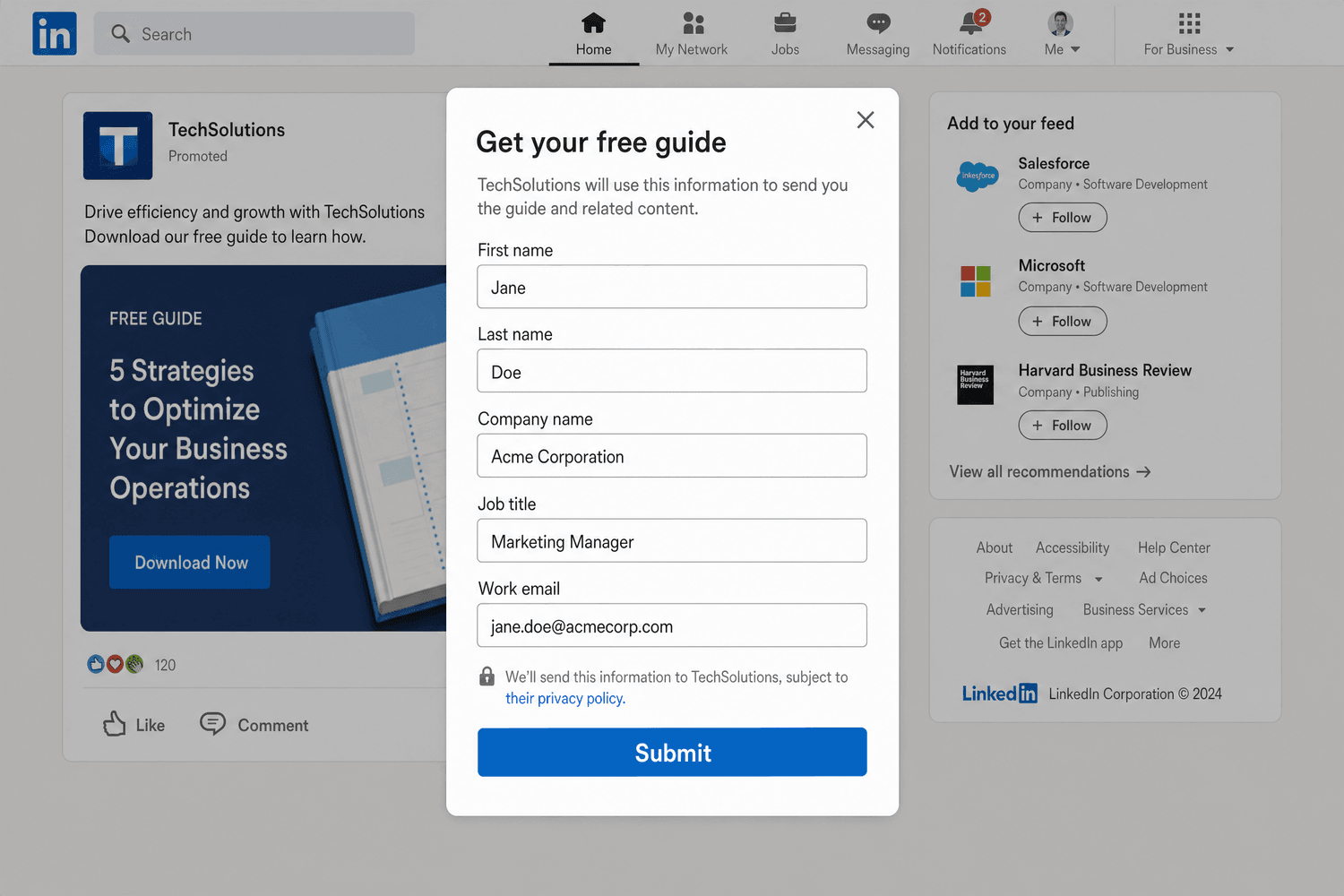 A LinkedIn Lead Gen form pre-filled with name, company, job title and email, with a Submit button