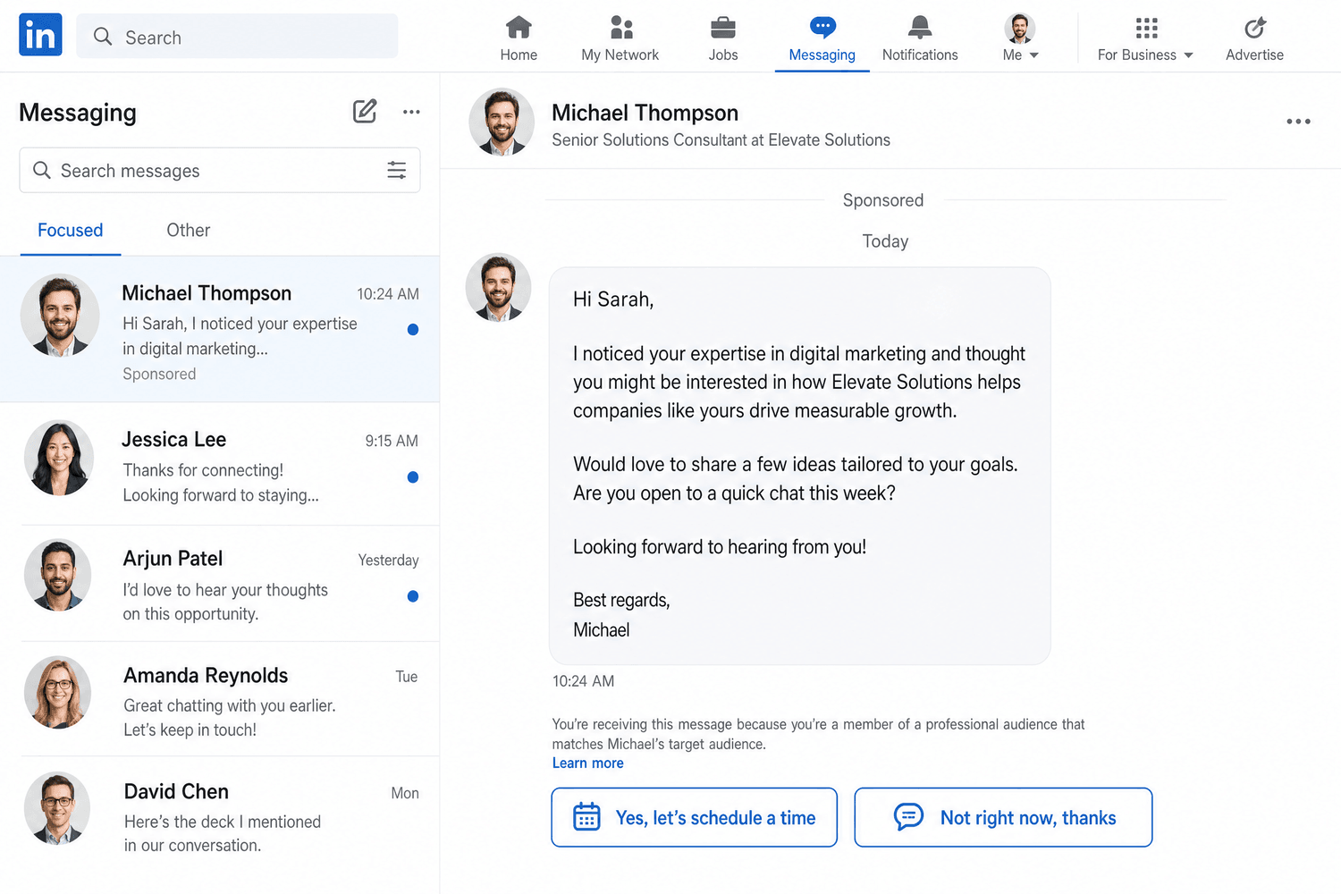 A LinkedIn sponsored conversation message ad in the inbox with reply call-to-action buttons