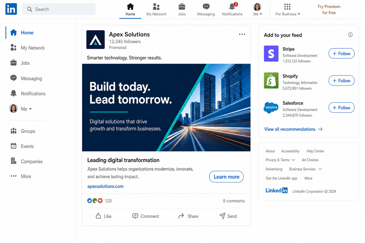 A LinkedIn sponsored single-image post in the feed with a Promoted label and a call-to-action button