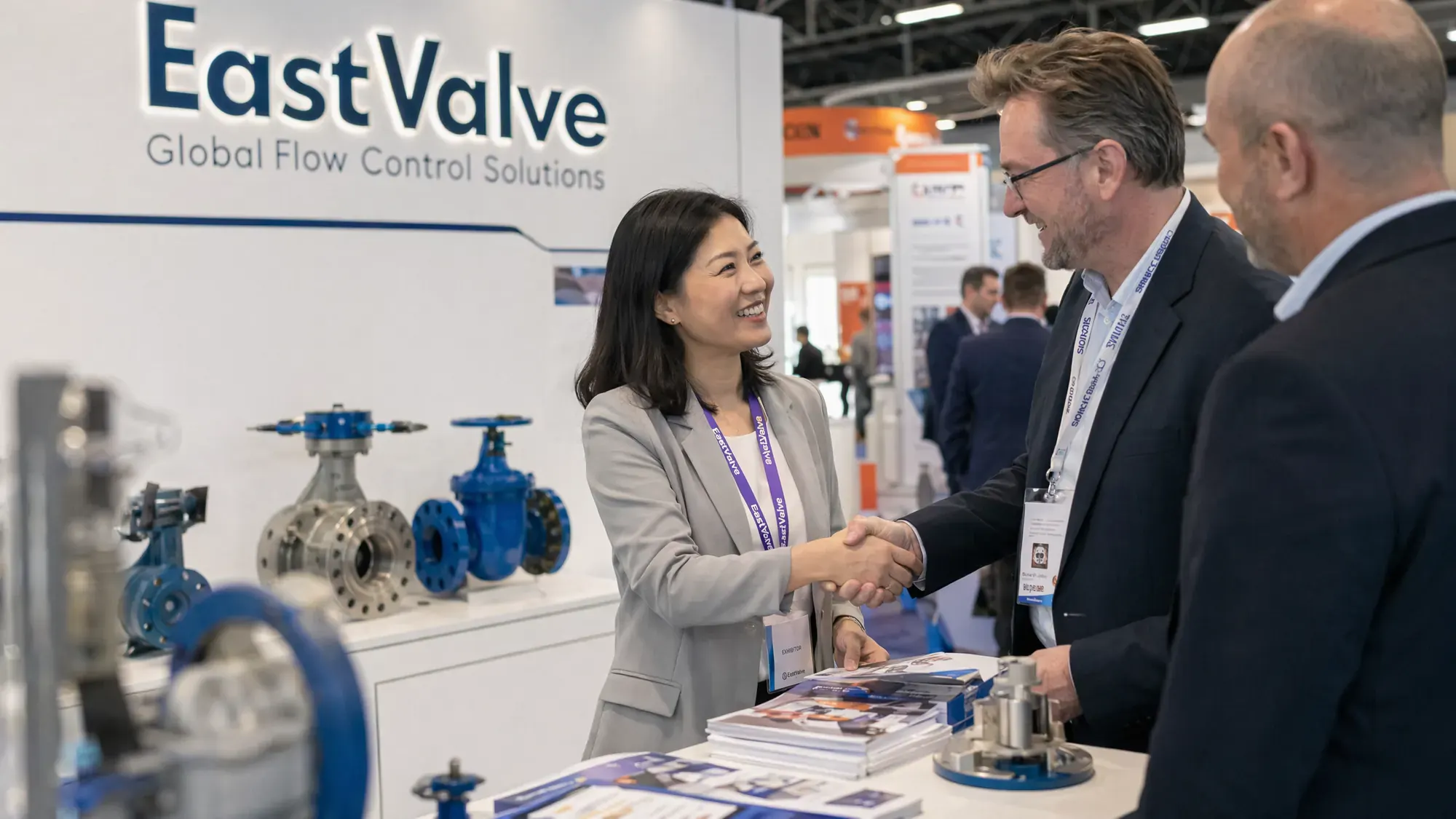 A Chinese exhibitor from Shenzhen valve maker EastValve shakes hands and closes a deal with Western buyers at her international trade-show booth, product samples on display