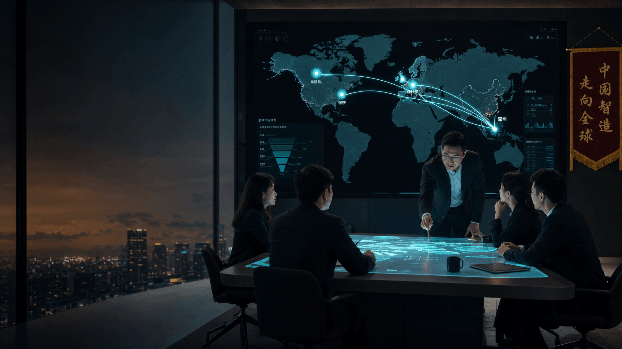 A Chinese export company reviewing an overseas market expansion plan, with cyan flight lines from China to Western buyers and a banner reading Chinese manufacturing going global