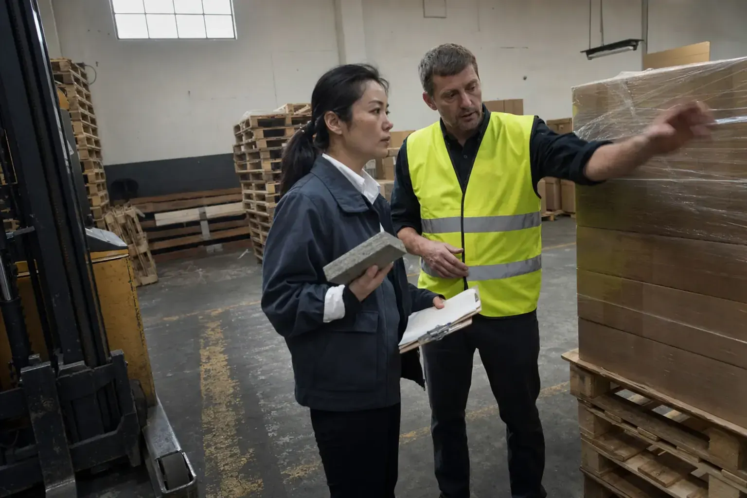 A Chinese export sales manager walking a European distributor's warehouse, checking how her factory's pallets arrive