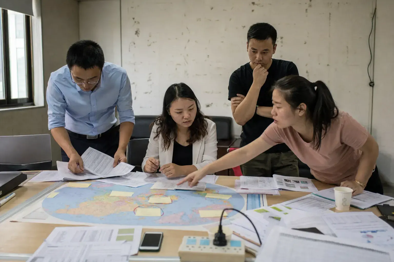 An export team at a Chinese manufacturer standing over a world map, weighing which overseas markets to enter first