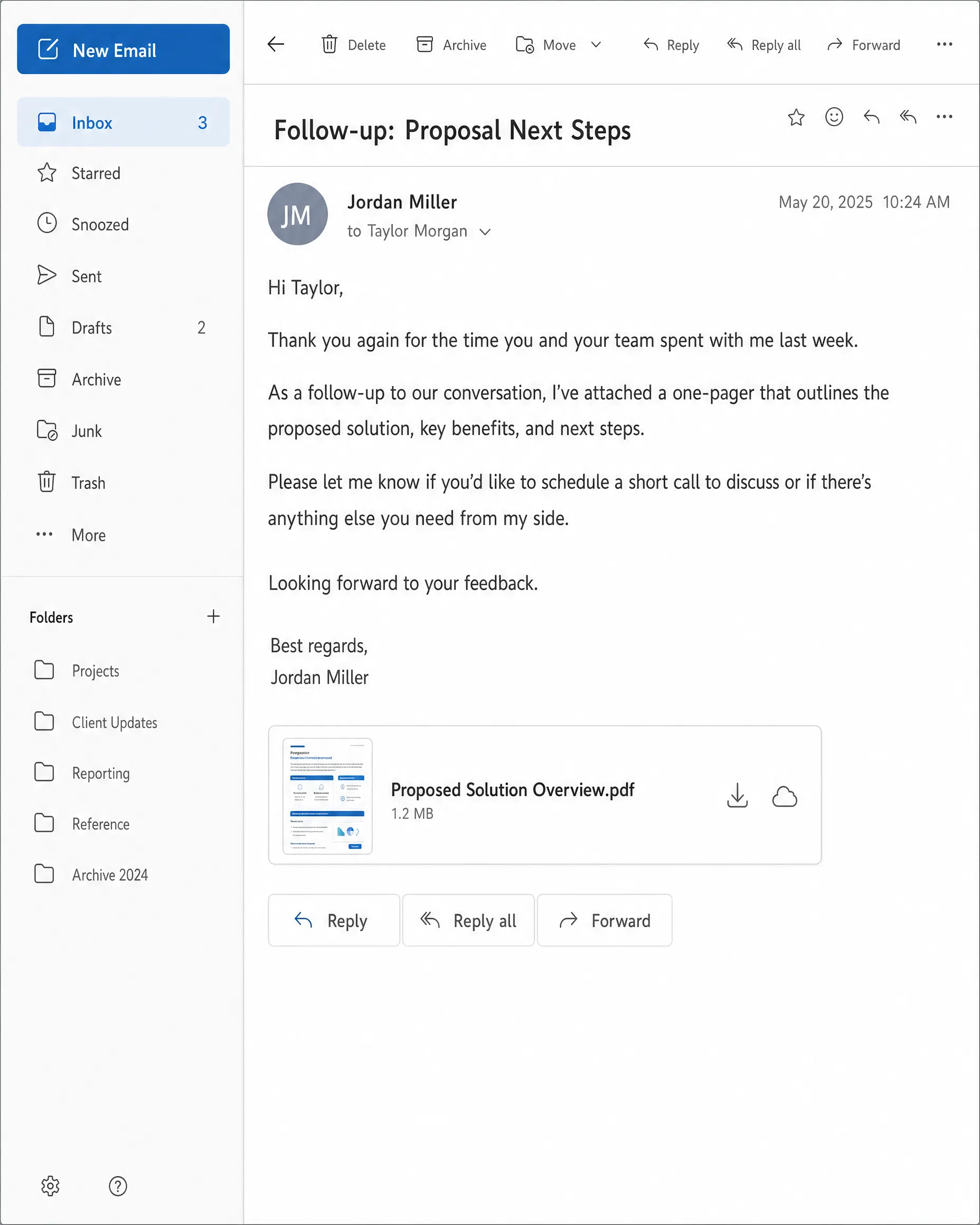 A short, specific follow-up email with a clean one-pager attached