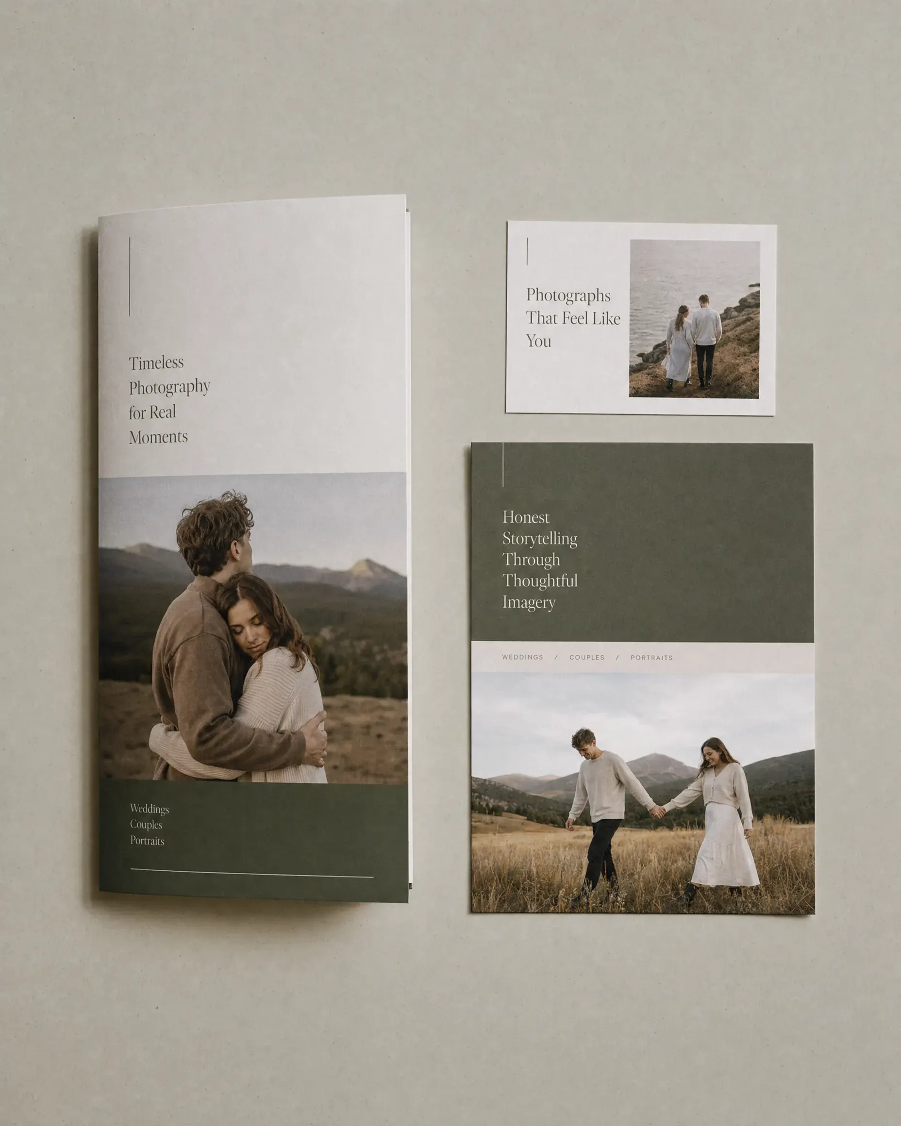 The same three brand pieces rebuilt to one consistent visual system