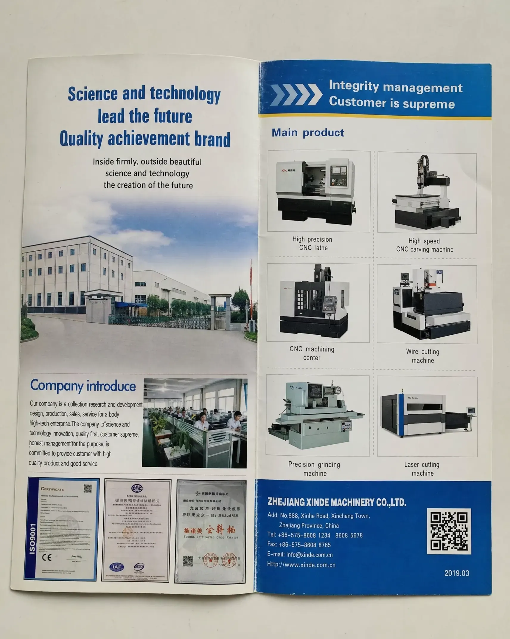 A brochure spread with a stiff, machine-translated English headline in a crowded layout
