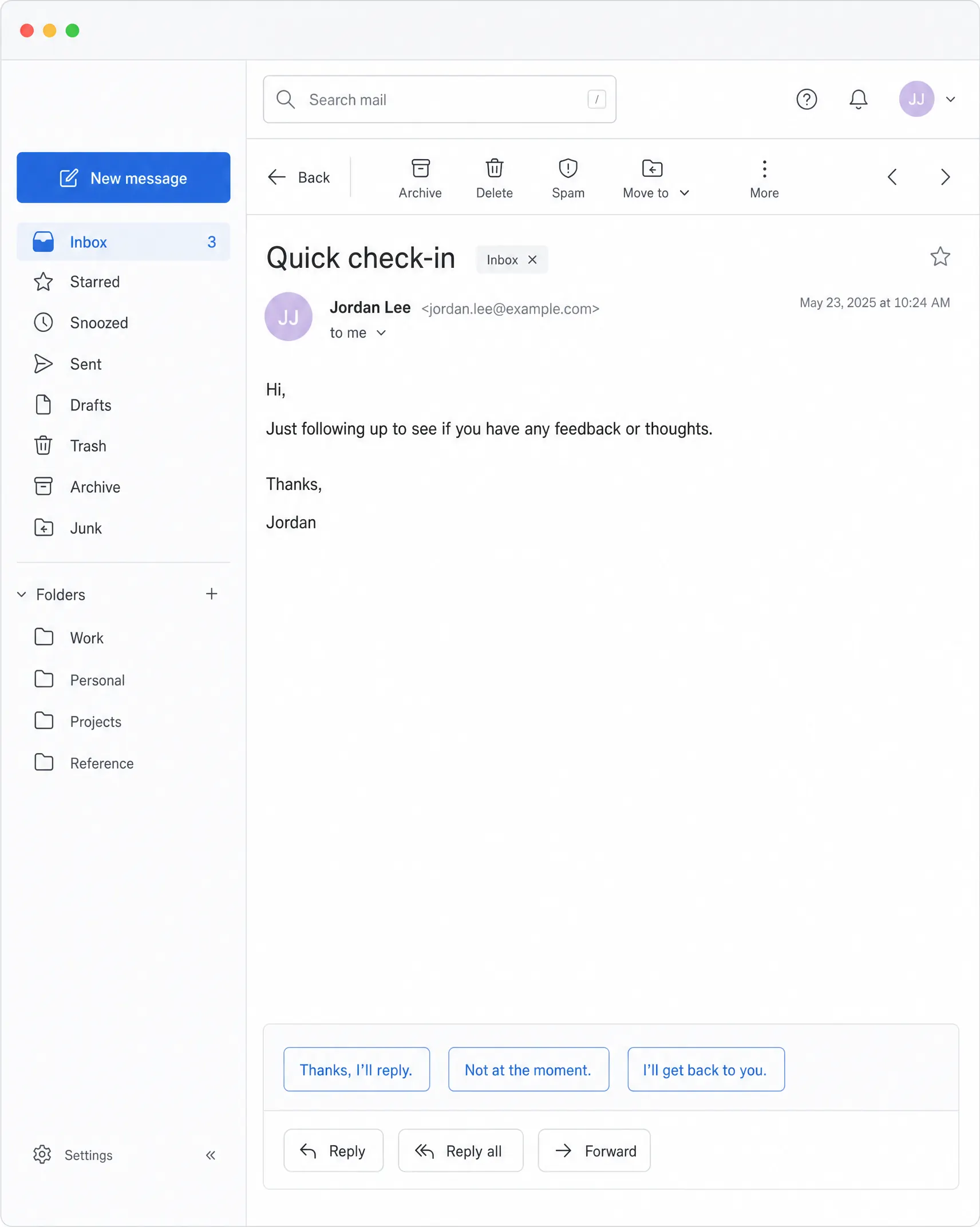 A near-empty follow-up email asking for feedback with no attachment