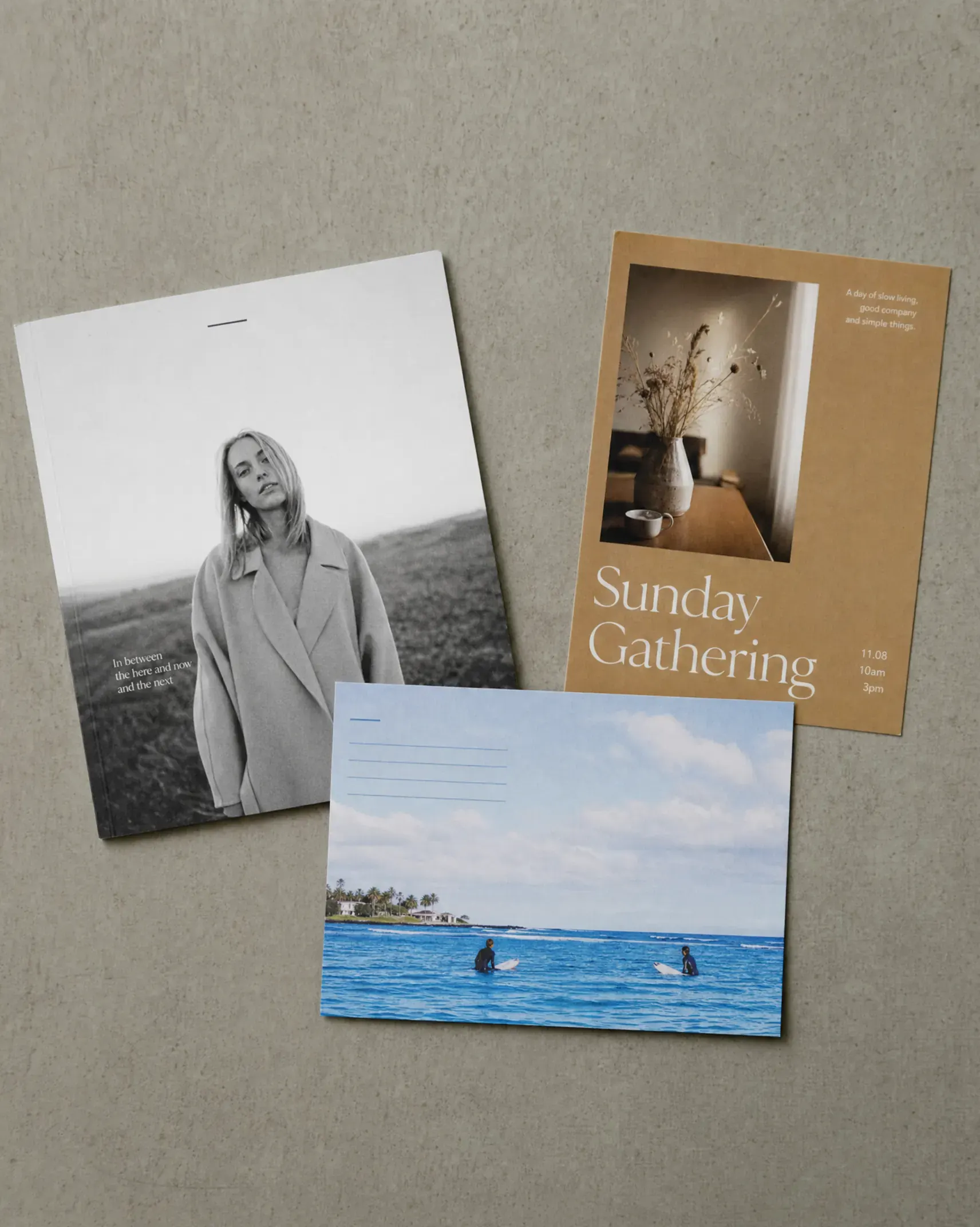 Three brand pieces that do not belong together, with different type, color, and photo styles