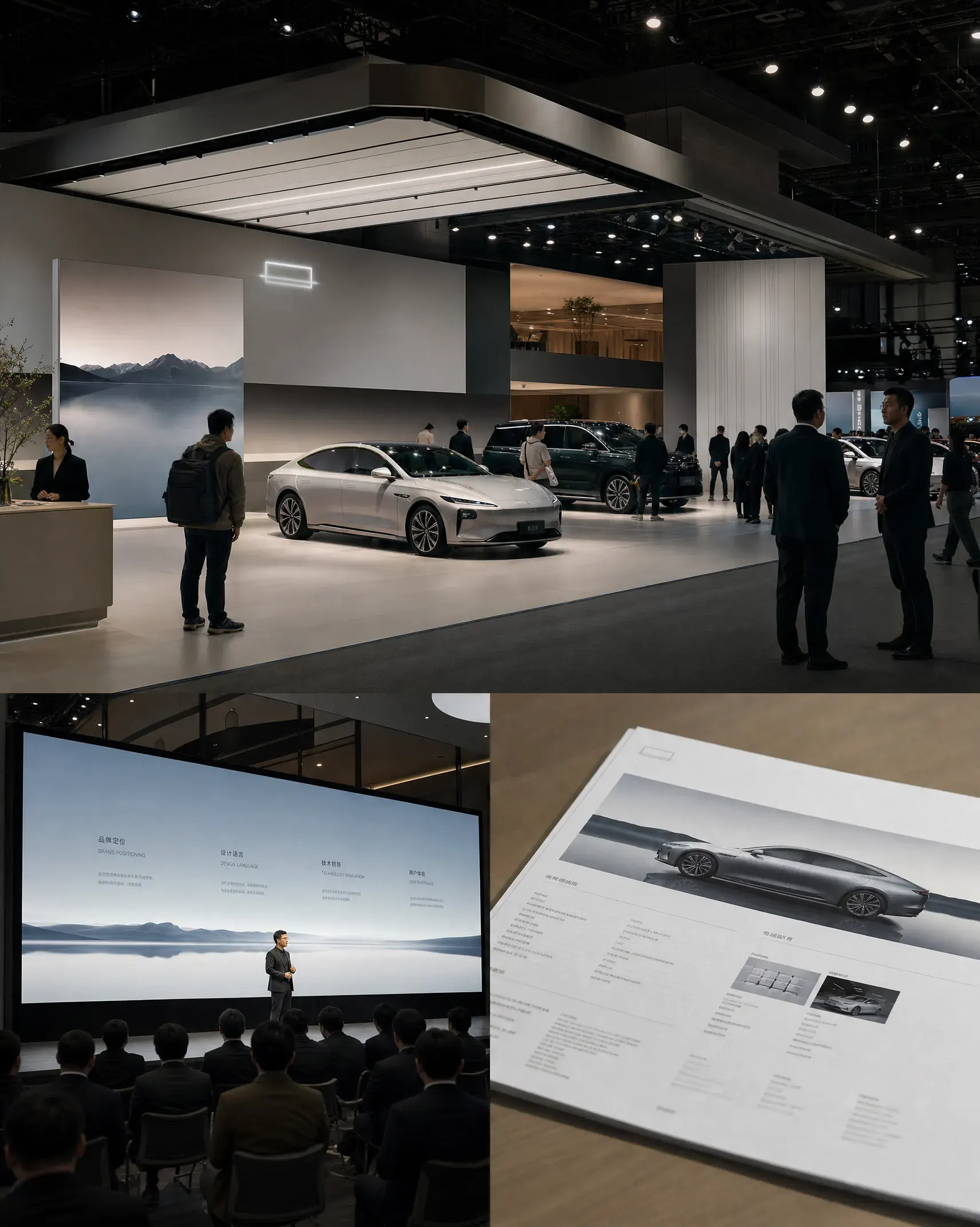One brand system applied across an auto-show stand, a presentation template on screen, and a printed spec sheet at an international launch