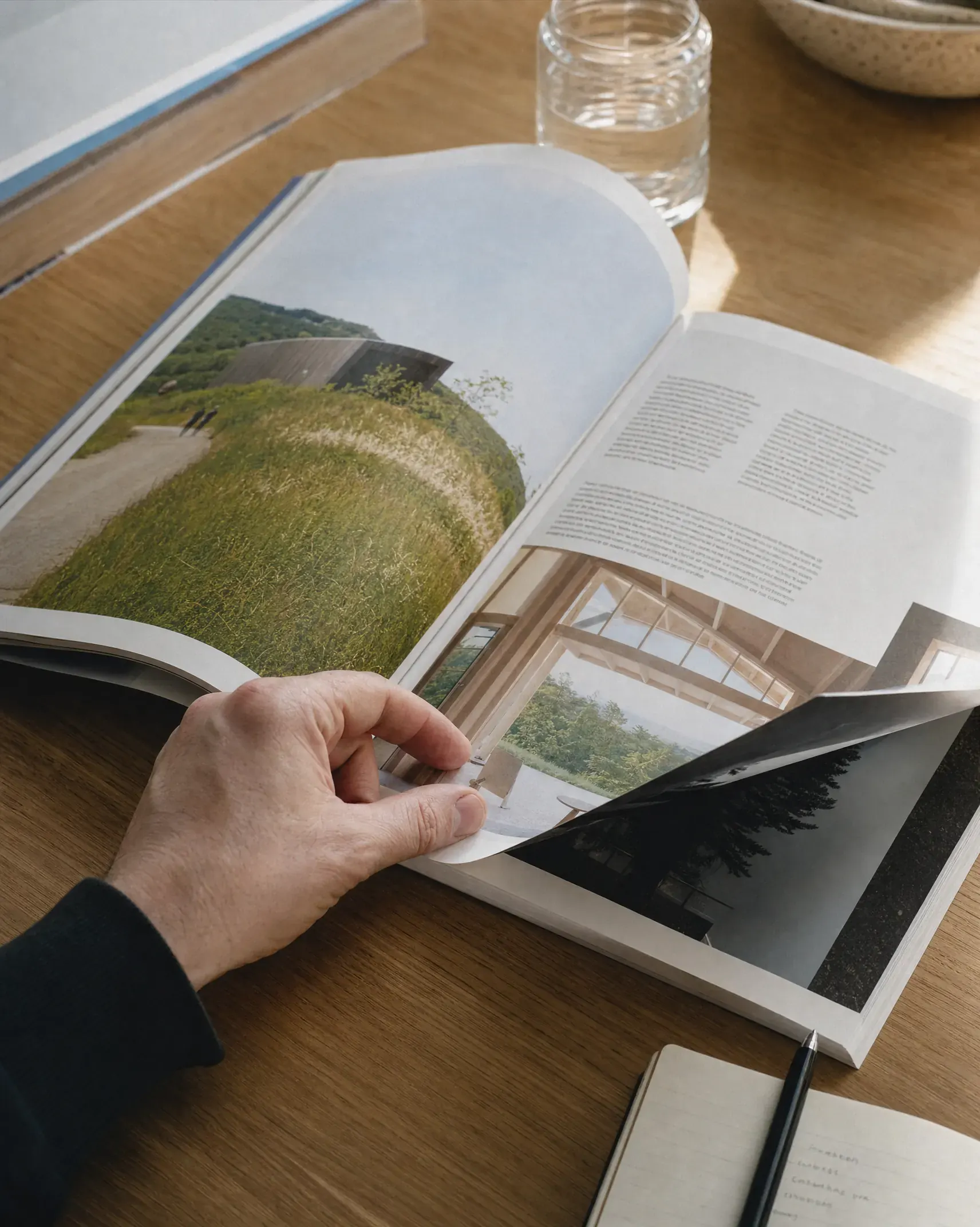 An open brochure on a desk, a hand turning a page in daylight