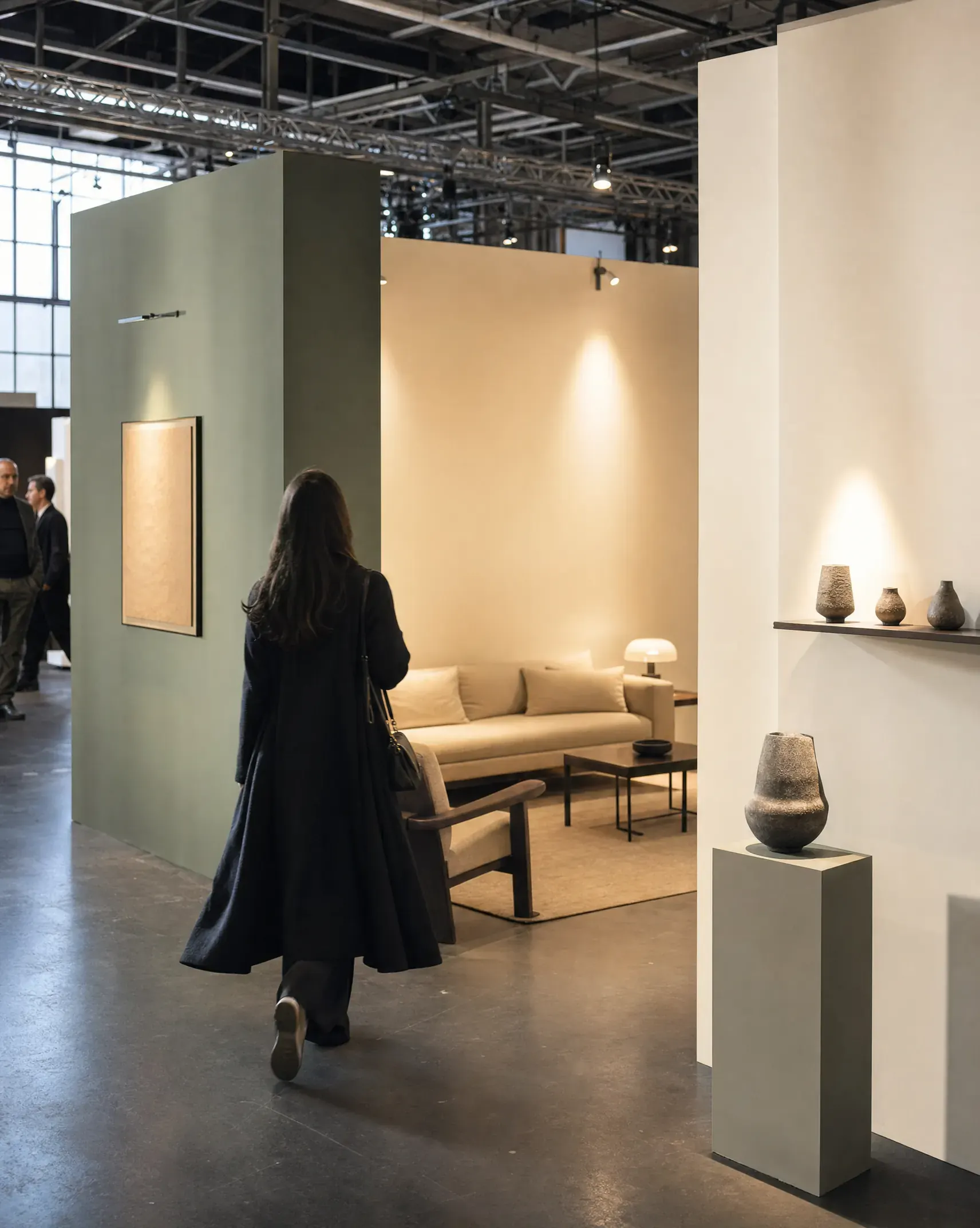 A real trade-show booth corner with a person approaching it mid-stride