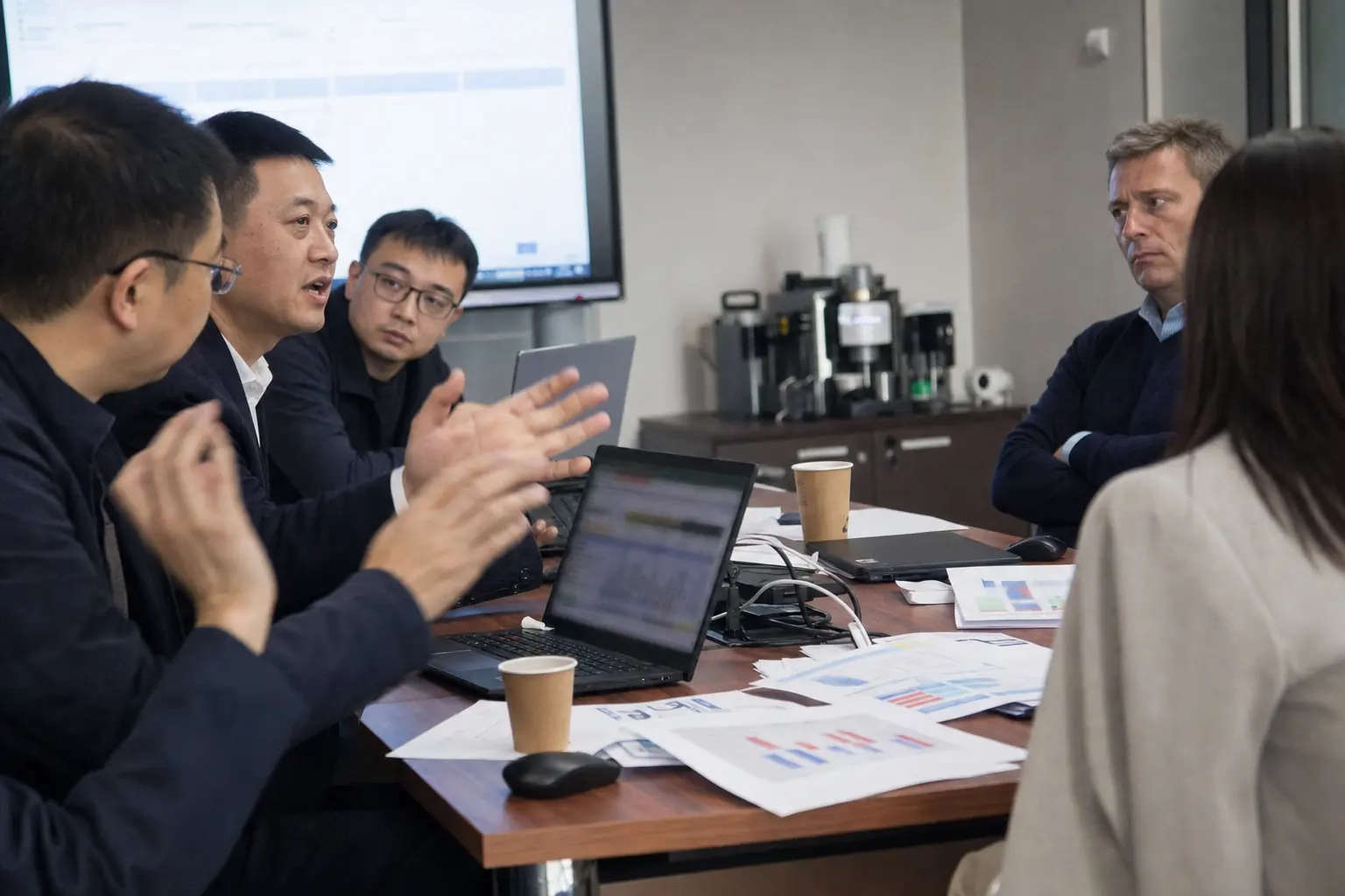 A quarterly review between a Chinese exporter’s team and its European distributor over printed sales charts