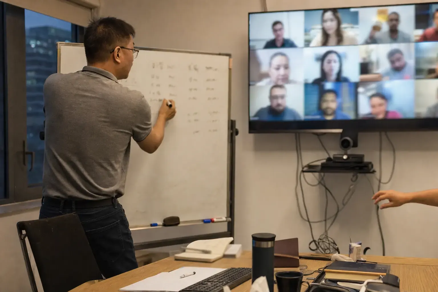 A Chinese export manager writing distributor volume targets on a whiteboard while overseas partners watch on screen
