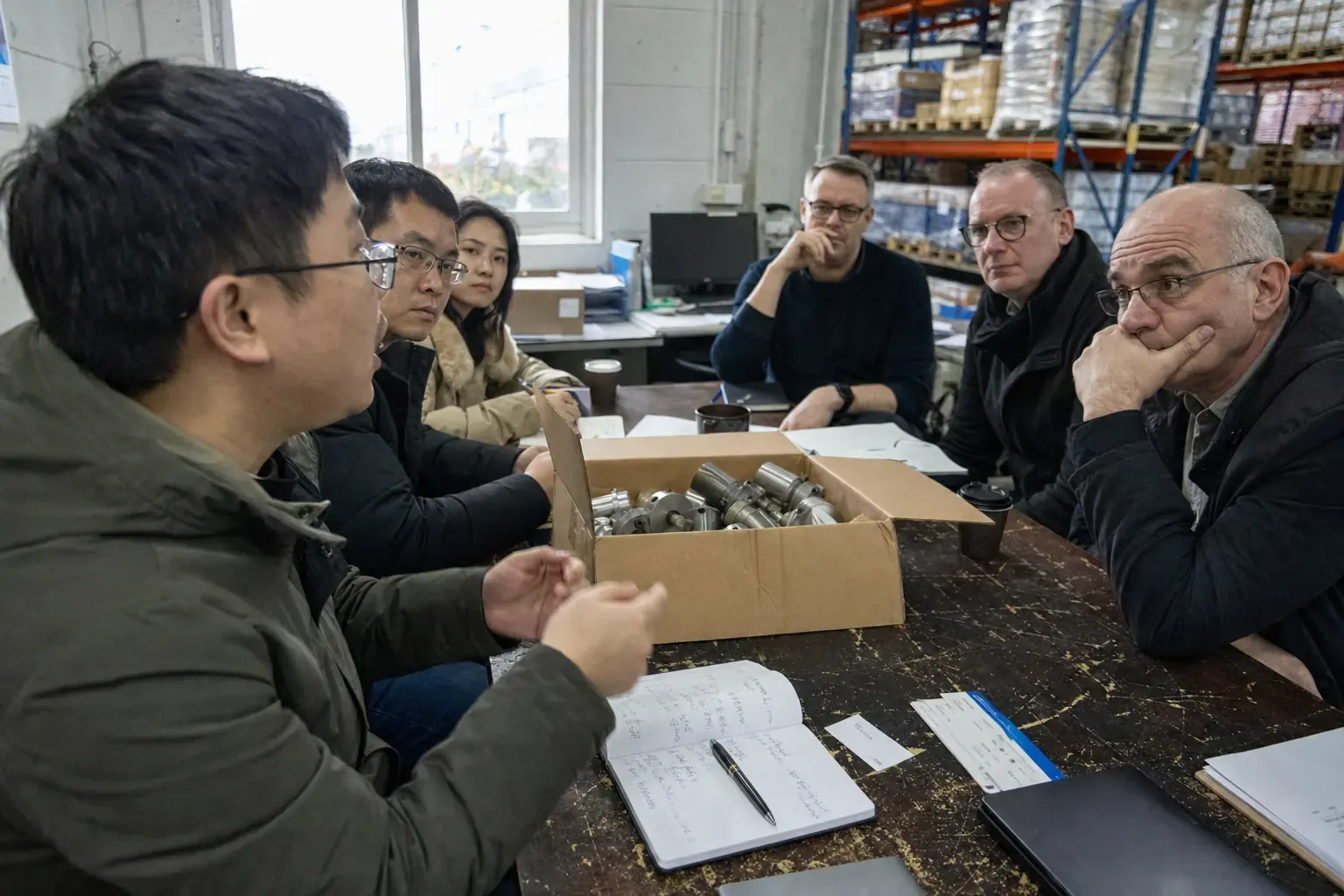 A Shenzhen manufacturer’s export team meeting European distributor executives across a table in a warehouse office