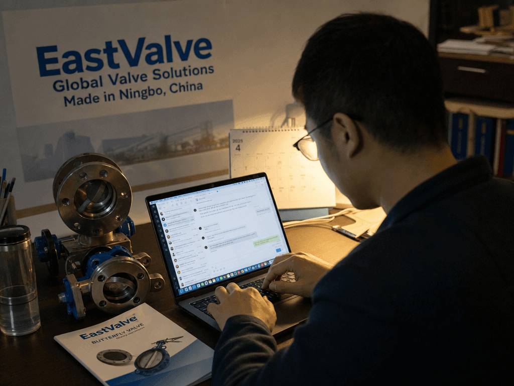 An EastValve rep typing an evening follow-up to keep a deal warm, a chat thread with a Western buyer on screen