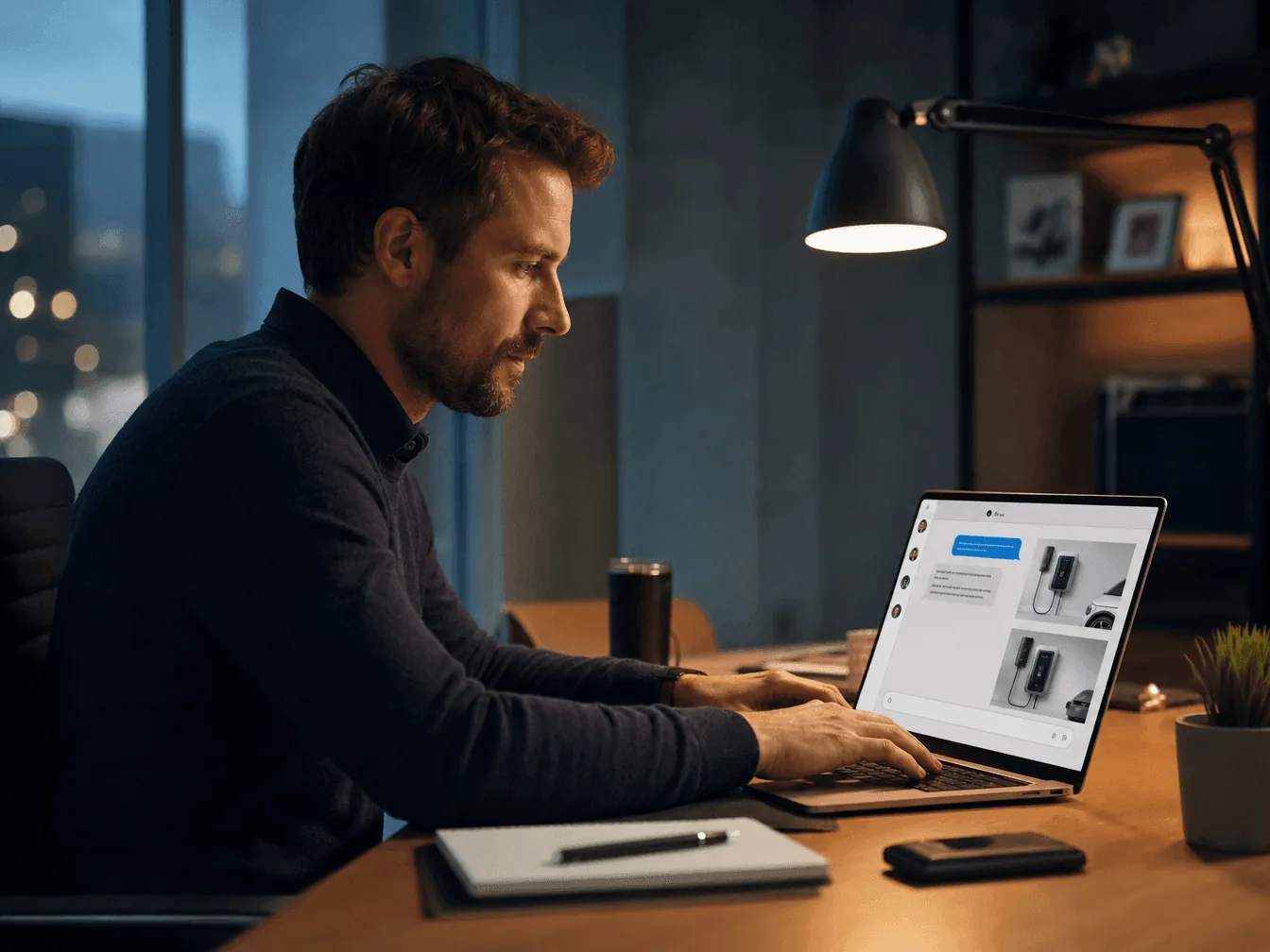 A sales rep typing an evening follow-up to keep a deal warm, a chat thread with a Western buyer and a Chinese EV-charging catalog on screen