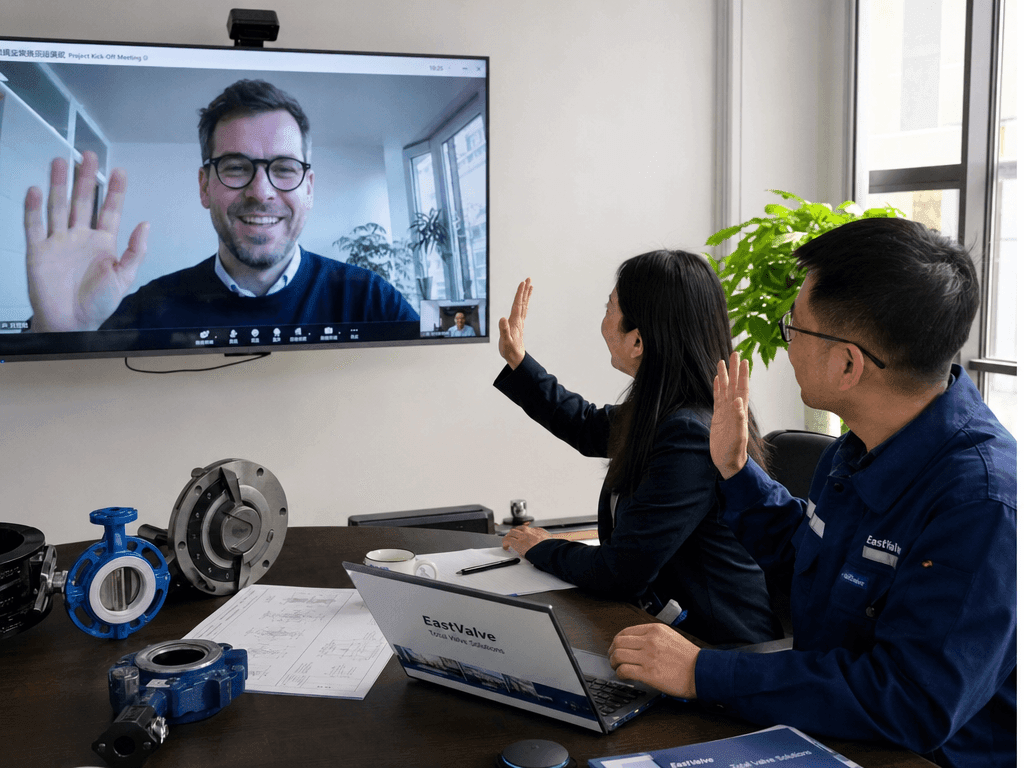 A video call introduction: a Western buyer on screen while two EastValve team members are introduced from the factory office