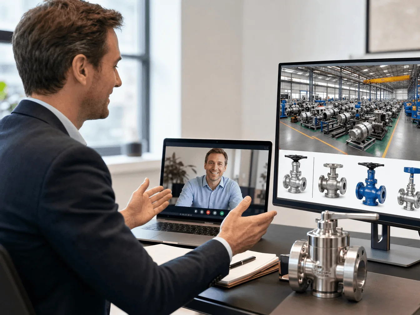 A video-call introduction: a sales rep introducing a Western buyer on screen, a Chinese industrial-valve catalog and factory on a second monitor