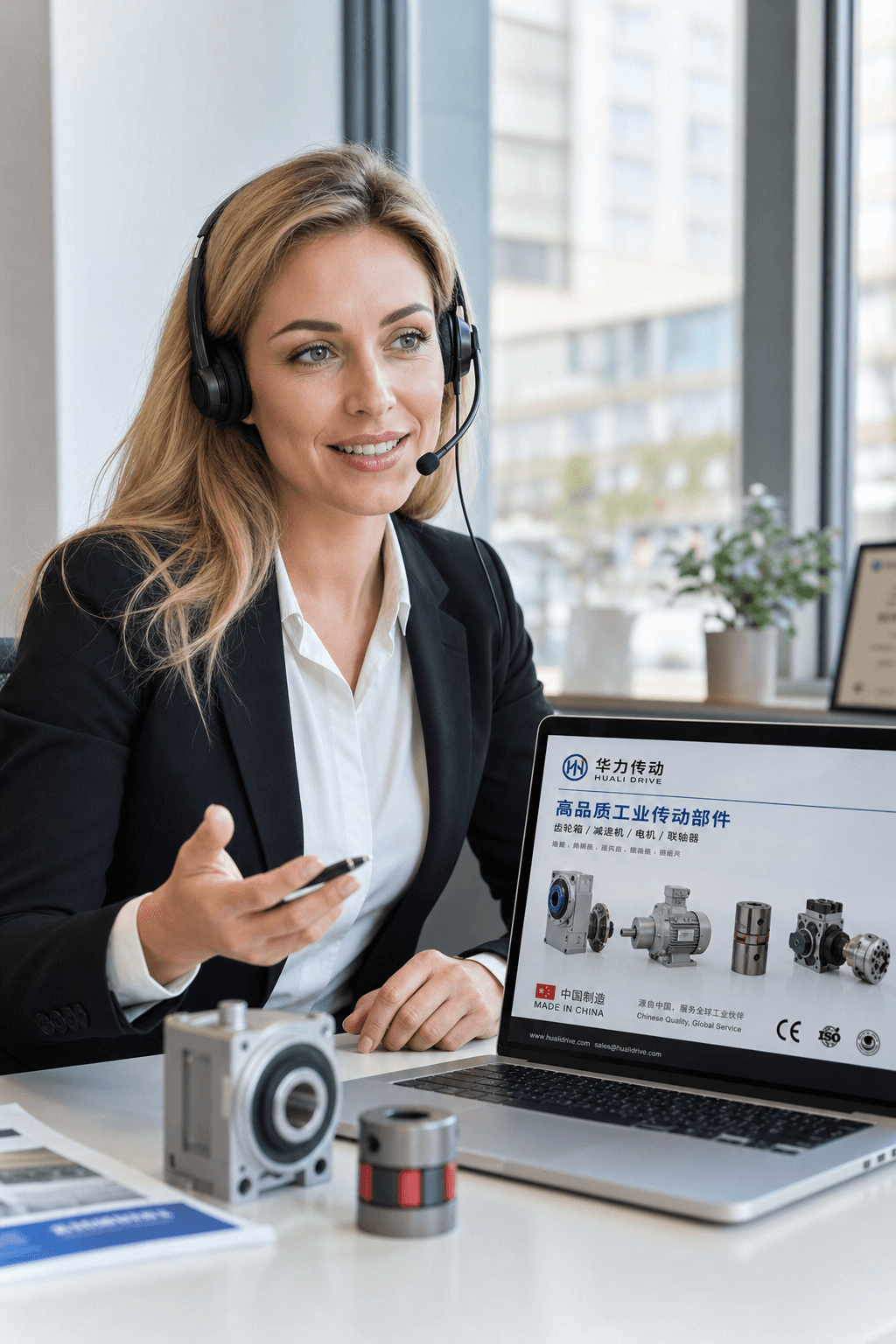 Lena Fischer, a Europe-based sales rep on a headset call, a Chinese exporter product catalog from her client open on her laptop