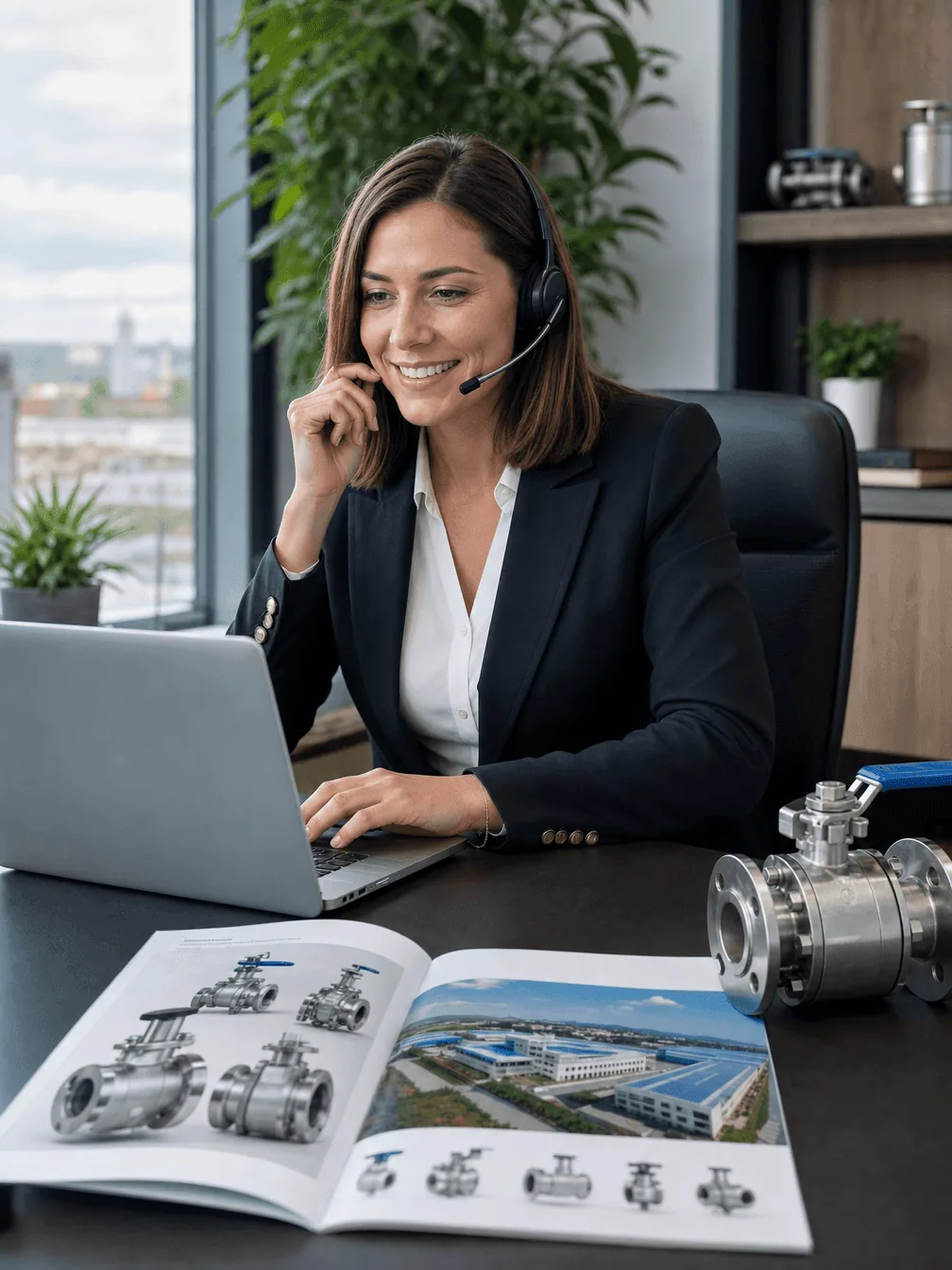Lena Fischer, a Europe-based sales rep on a headset call, a Chinese industrial-valve catalog from her client open on her laptop