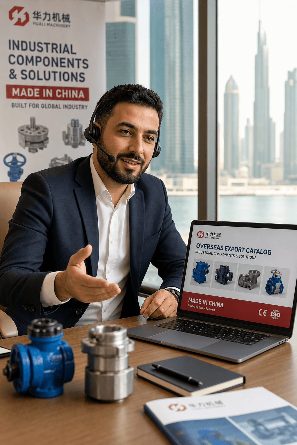 Yousef Haddad, a Middle East sales rep on a headset call, the Chinese exporter catalog from his client shown on his laptop