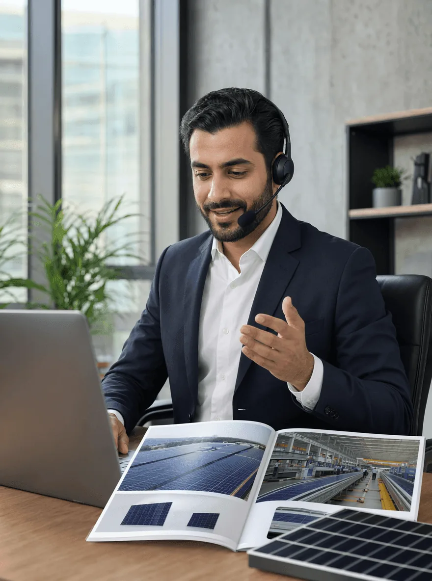 Yousef Haddad, a Middle East sales rep on a headset call, a Chinese solar-panel catalog from his client shown on his laptop