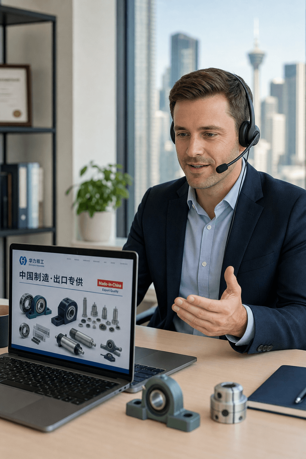 Marcus Bell, a North America sales rep on a headset call, a Chinese exporter product line from his client open on his laptop