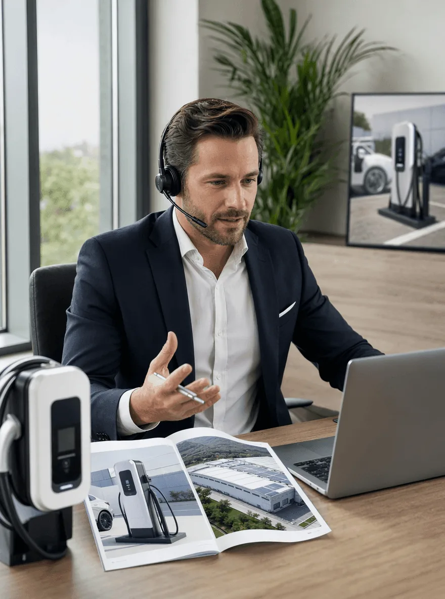 Marcus Bell, a North America sales rep on a headset call, a Chinese EV-charging line from his client open on his laptop