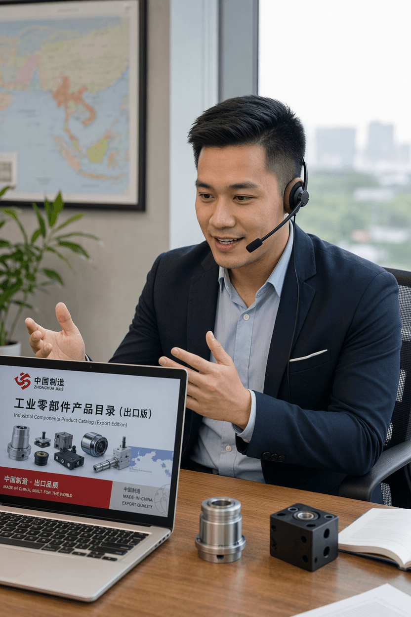 Arif Rahman, a South East Asia sales rep on a headset call, presenting a Chinese exporter catalog from his client on screen