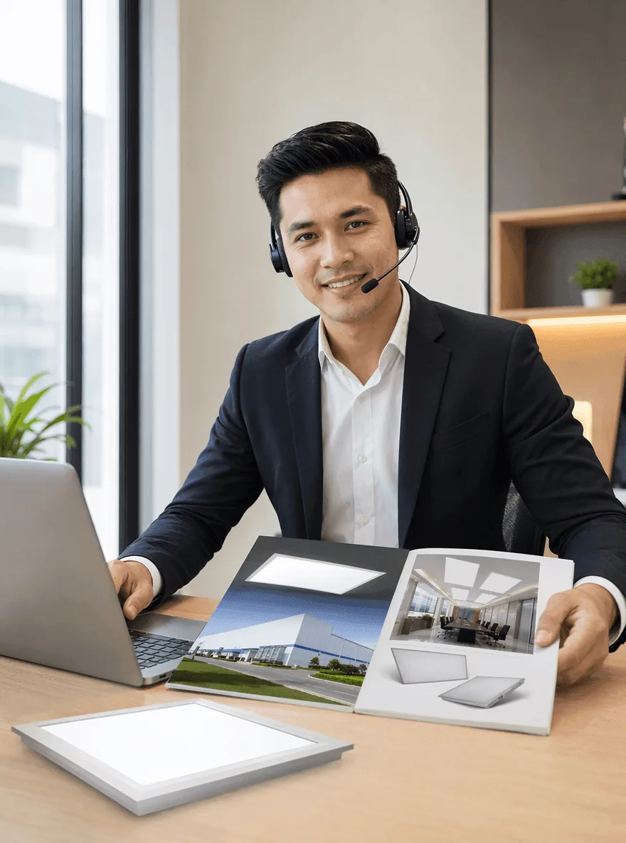 Arif Rahman, a South East Asia sales rep on a headset call, presenting a Chinese smart-lighting catalog from his client on screen