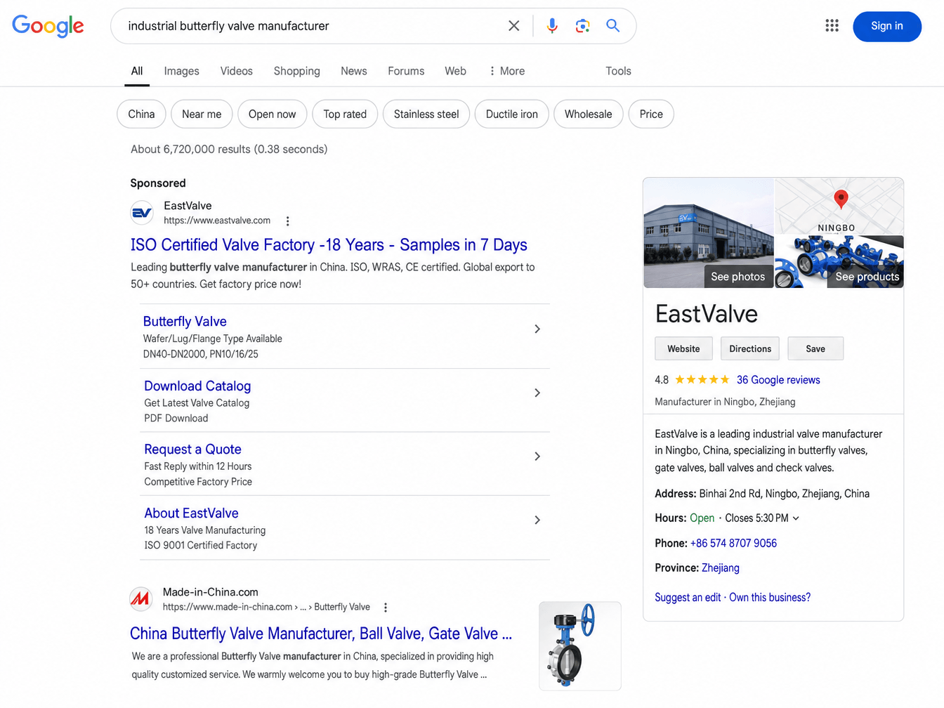 A Google search results page showing a strong sponsored text ad for an ISO certified valve factory
